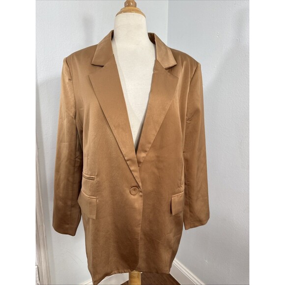 Elan Blazer Womens Medium Satin Brown One Button Career Preppy Jacket‎ - Picture 1 of 10